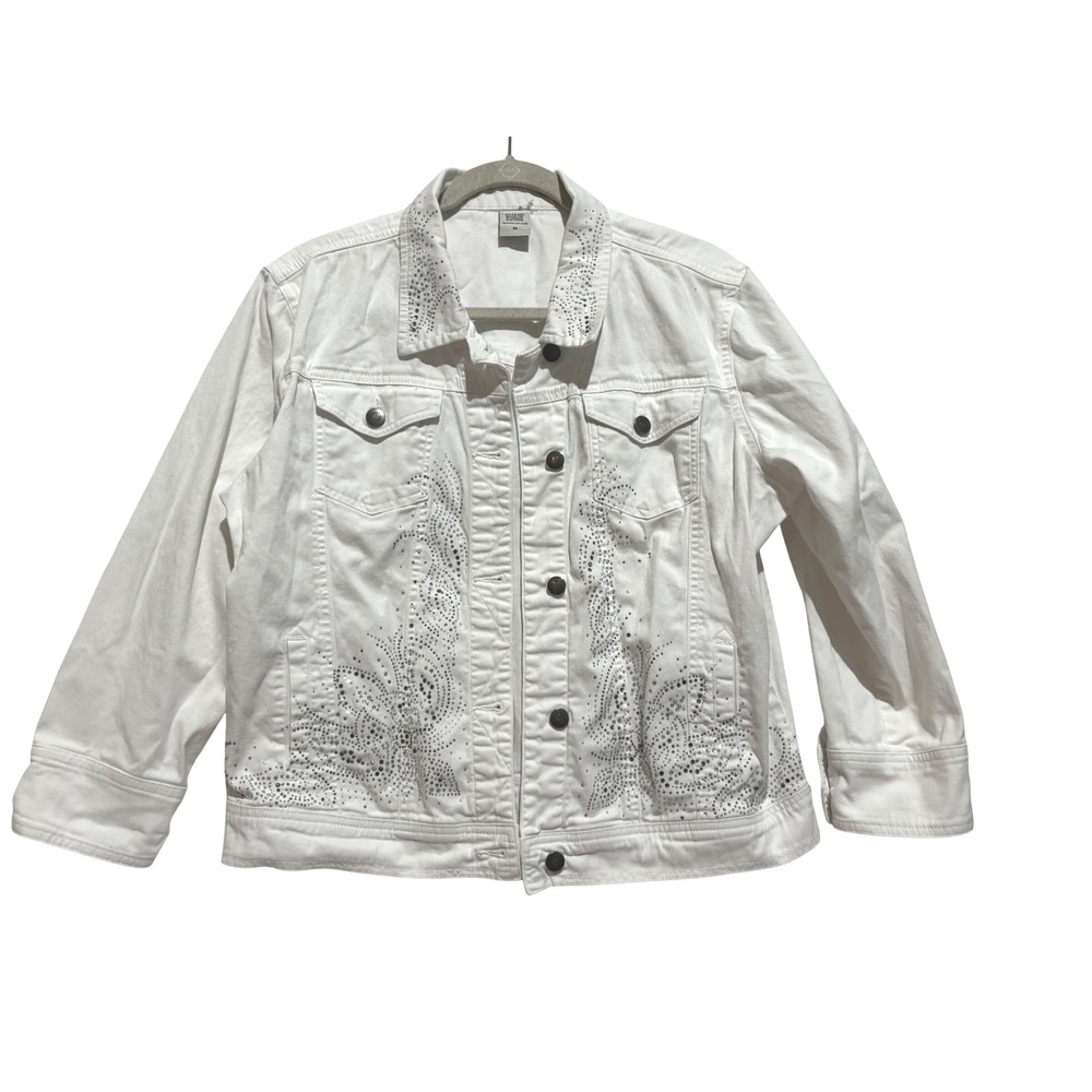 White Rhinestone Embellished Denim Jean Jacket Womens M Boho Chic Cowgirl y2k